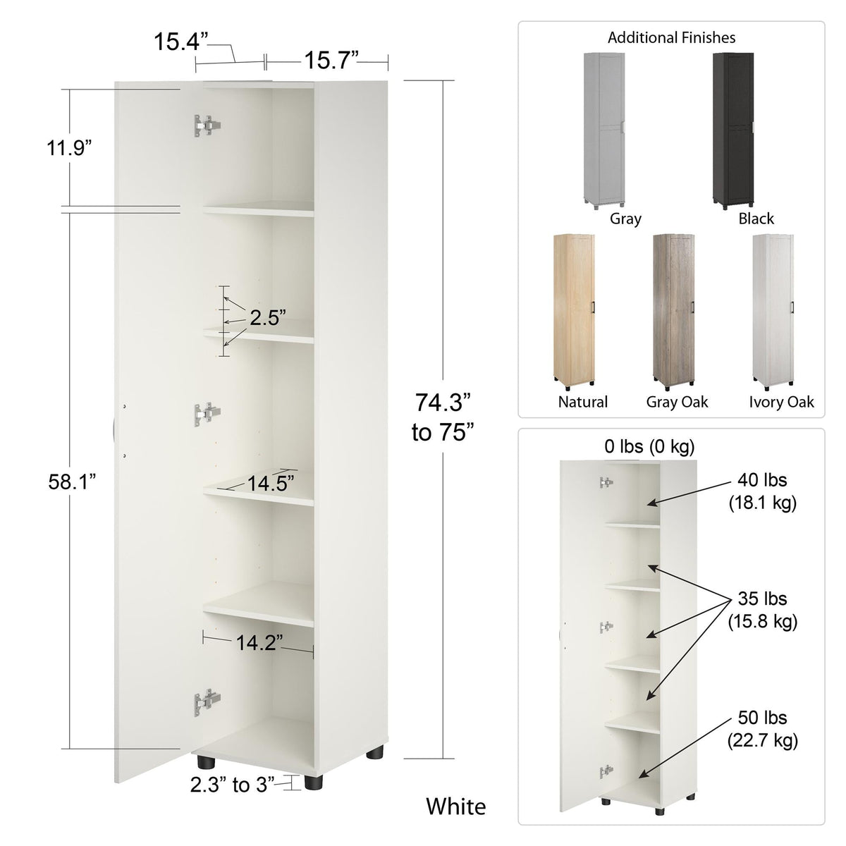 Ameriwood Home Callahan 15.67-in W x 74.29-in H x 15.39-in D Freestanding Composite Wood Garage Cabinet in White