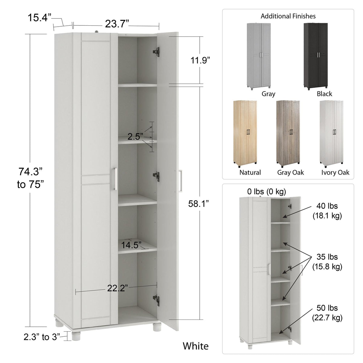 Ameriwood Home Callahan 23.7-in W x 75-in H x 15.39-in D Freestanding Composite Wood Garage Cabinet in White