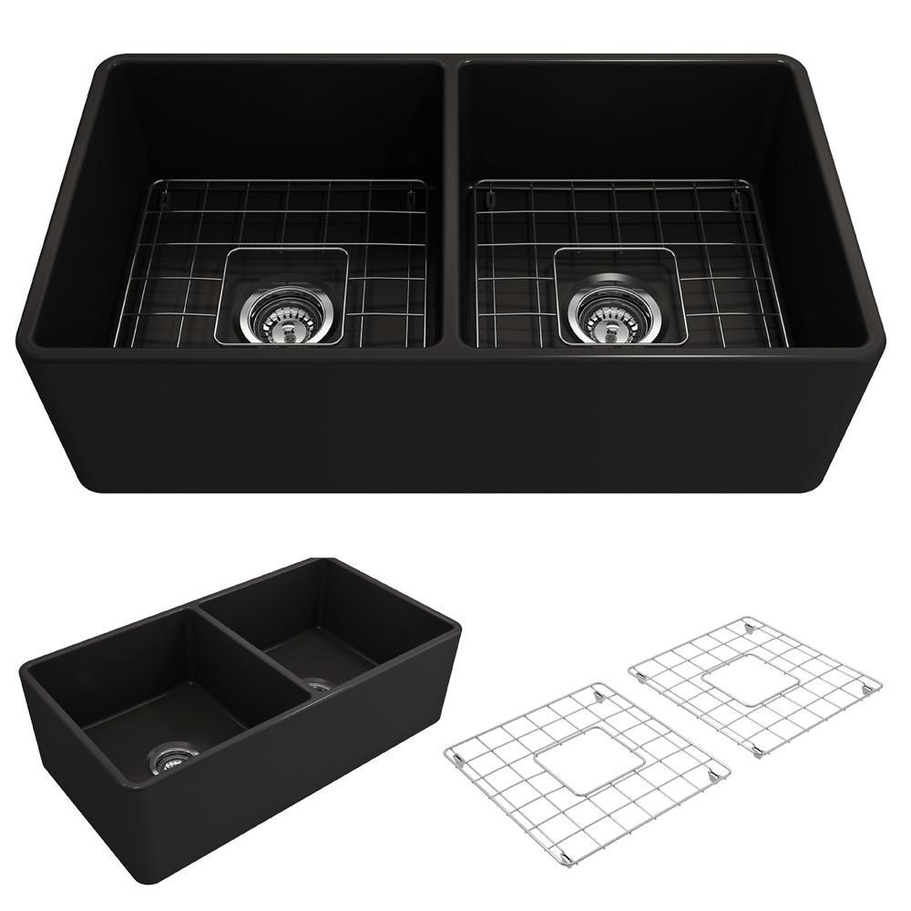 Classico Farmhouse Apron Front Fireclay 33 in. Double Bowl Kitchen Sink with  Bottom Grid and Strainer in White - Super Arbor