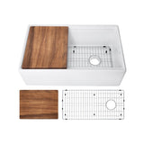 Fireclay 33 in. Single Bowl Farmhouse Apron Front Reversible Kitchen Sink in White with Cutting Board and Grid - Super Arbor
