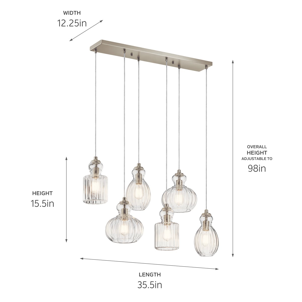 Kichler Riviera 6-Light Brushed Nickel Transitional Ribbed Glass Large Hanging Multi-light