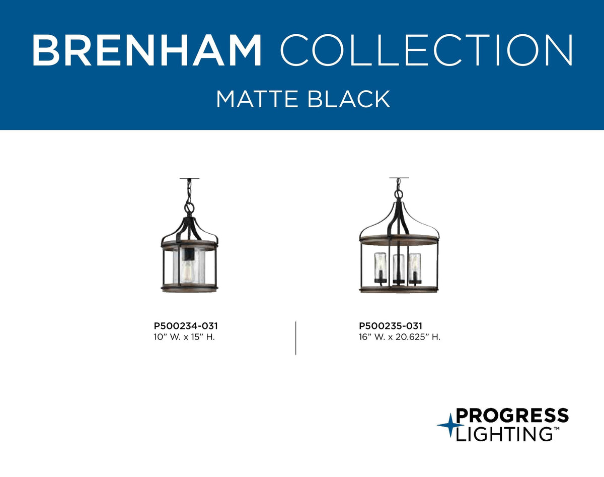 Progress Lighting Brenham 3-Light Matte Black Farmhouse Seeded Glass Cylinder Medium Indoor/Outdoor Hanging Pendant Light