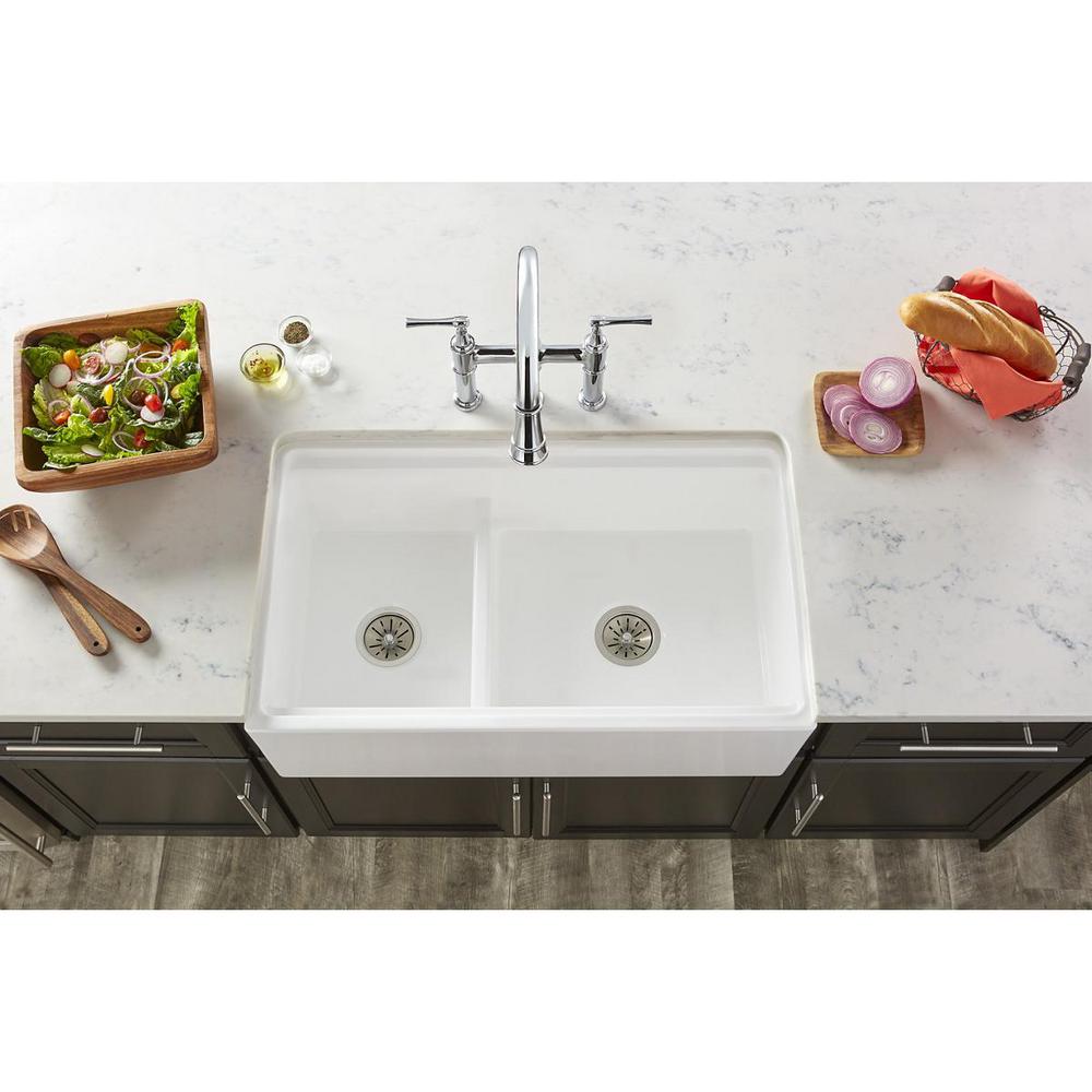 Farmhouse Apron Front Fireclay 33 in. Double Bowl Kitchen Sink in White with Aqua Divide - Super Arbor