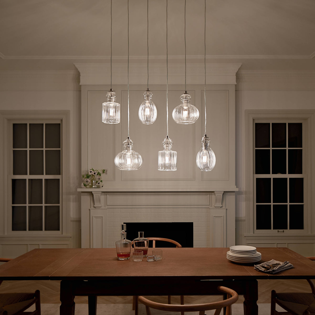 Kichler Riviera 6-Light Brushed Nickel Transitional Ribbed Glass Large Hanging Multi-light
