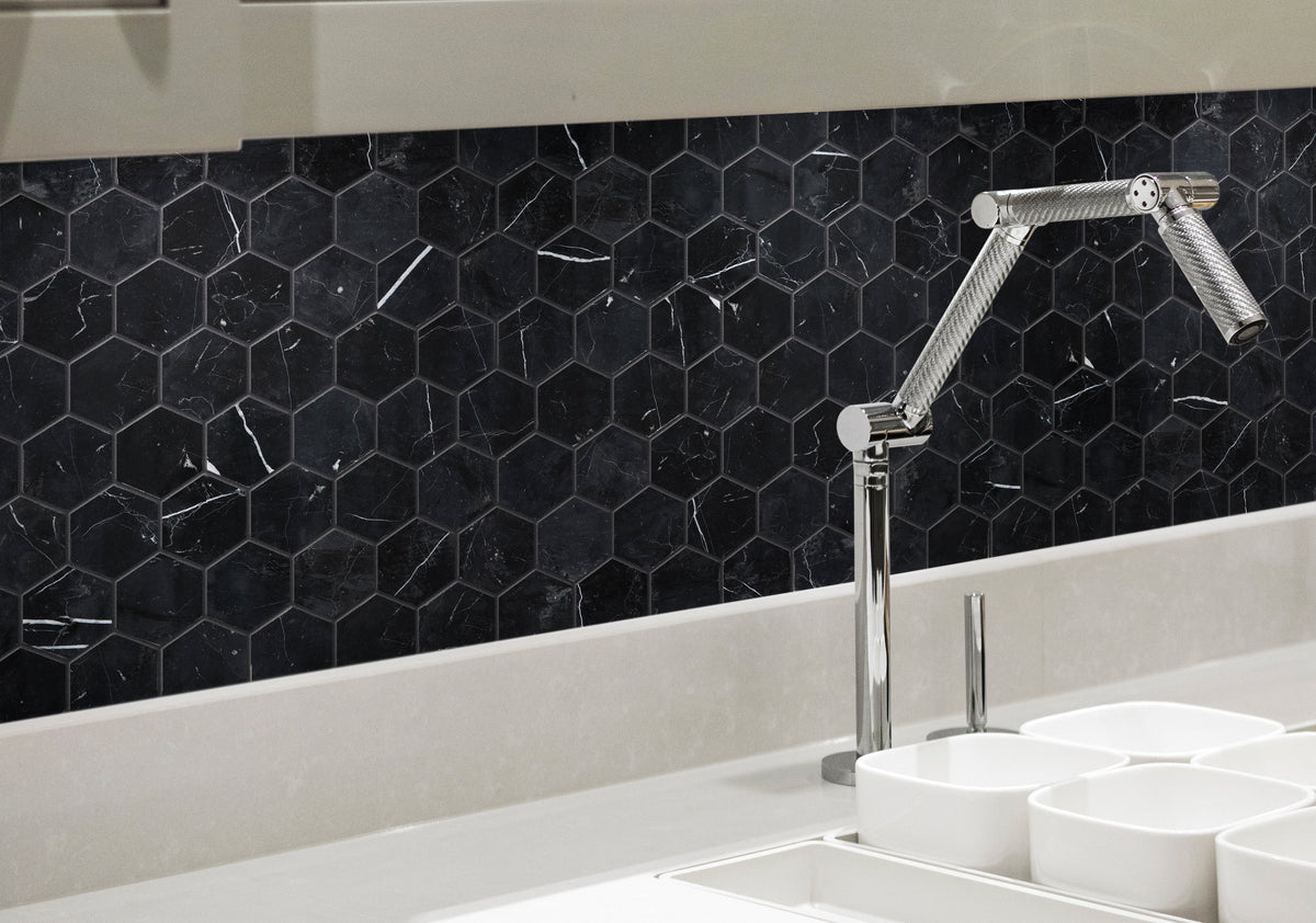 Satori Nero 12-in x 12-in Polished Natural Stone Marble Look Hexagon Mosaic Wall Tile (0.96-sq. ft/ Piece)