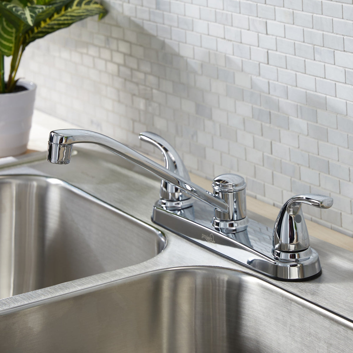 Project Source Dover Chrome 2-Handle Deck-Mount Low-Arc Kitchen Faucet with Deck Plate