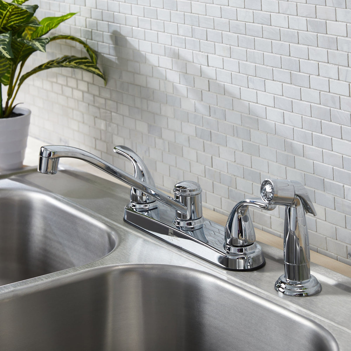 Project Source Dover Chrome 2-Handle Low-Arc Deck-Mount Kitchen Faucet with Side Sprayer and Deck Plate