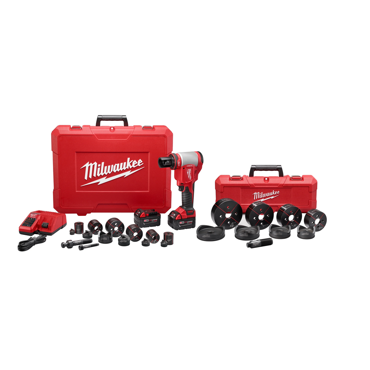 Milwaukee M18 18V FORCE LOGIC 10T Knockout Tool Kit (1/2 in.–4 in.) with Bonus M18 FUEL 1/4 in. Impact Driver & SHOCKWAVE Step Bit Set