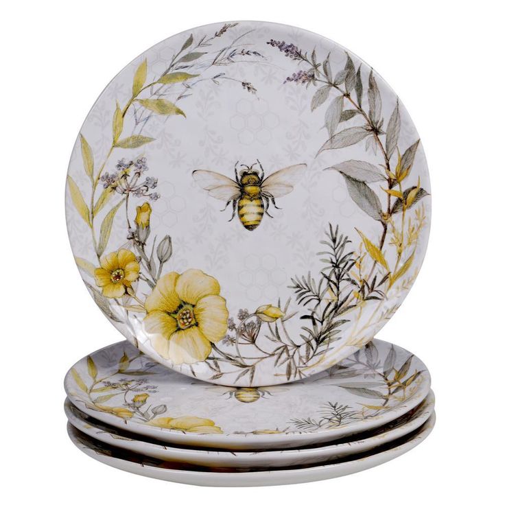 Bee Sweet 4-Piece Seasonal Multicolored Earthenware 10.75 in. Dinner Plate Set (Service for 4)