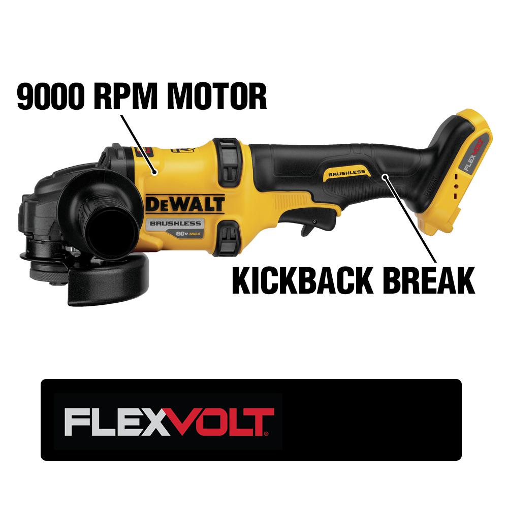 FLEXVOLT 60-Volt MAX Lithium-Ion Cordless Brushless 4-1/2 in. Angle Grinder with (2) Batteries 2Ah, Charger and Bag - Super Arbor