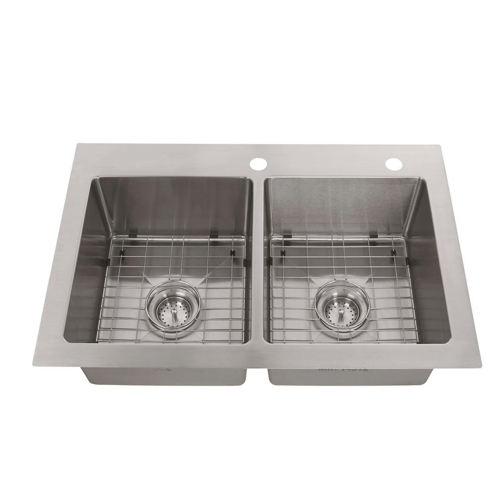 Tight Radius Stainless Steel 33 in. 18-Gauge Double Bowl Dual Mount Tight Radius Kitchen Sink with Grids and Strainers - Super Arbor