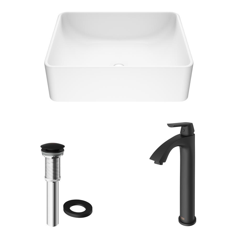 Amaryllis White Matte Stone Vessel Bathroom Sink Set with Linus Vessel Faucet in Matte Black - Super Arbor