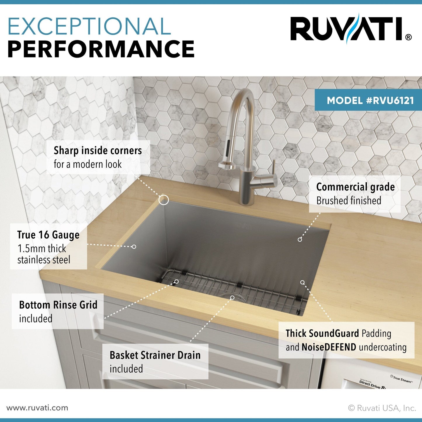 Ruvati Stainless Steel Undermount Laundry Sink with Drain - 21" x 18"