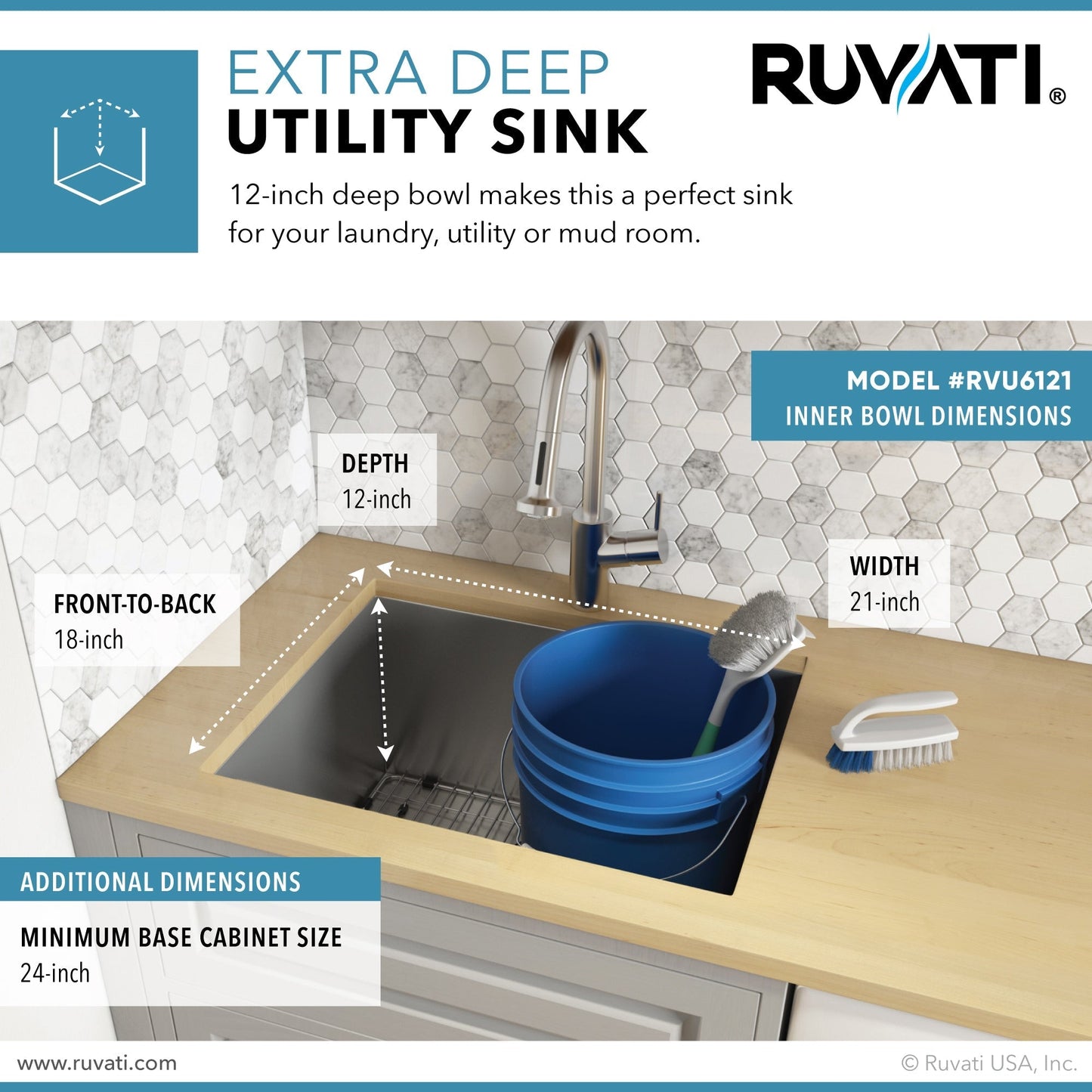 Ruvati Stainless Steel Undermount Laundry Sink with Drain - 21" x 18"