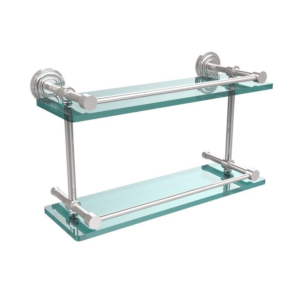Dottingham 16 in. L x 8 in. H x 5 in. W 2-Tier Clear Glass Bathroom Shelf with Gallery Rail in Polished Nickel - Super Arbor