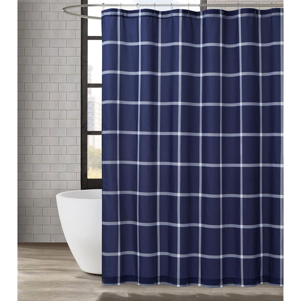 Printed Windowpane 72 in. White/Navy Shower Curtain - Super Arbor