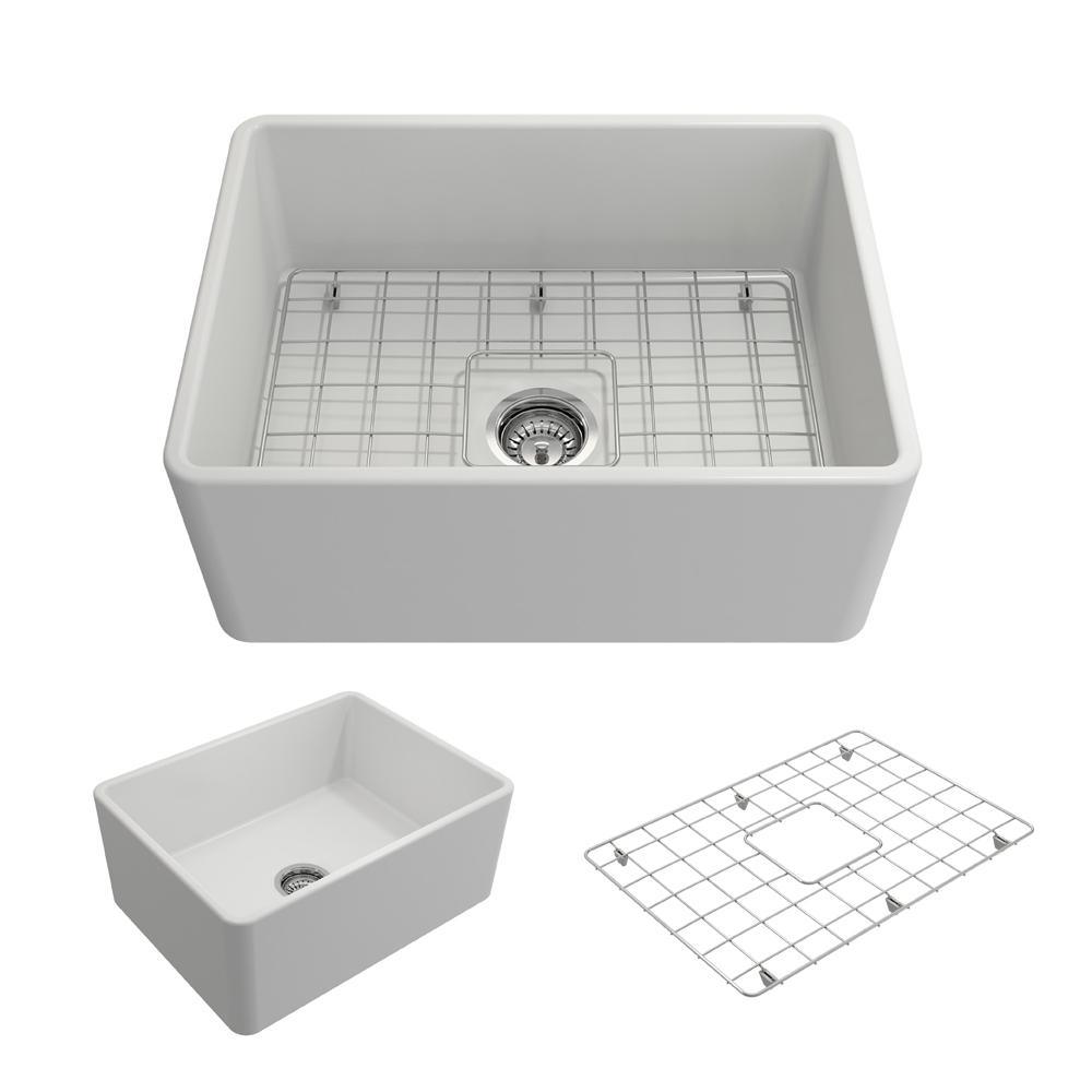 Classico Farmhouse Apron Front Fireclay 30 in. Single Bowl Kitchen Sink with Bottom Grid and Strainer in White - Super Arbor