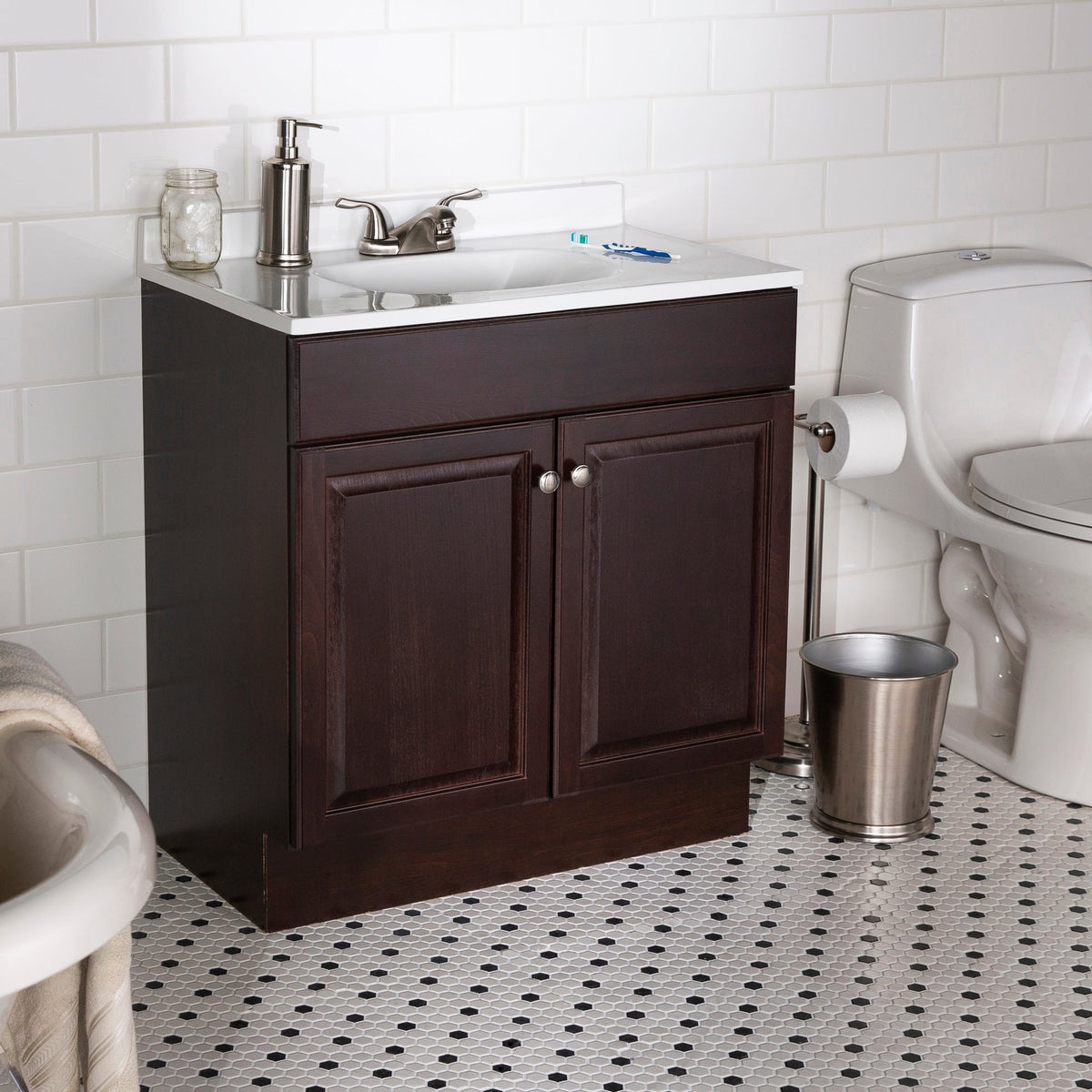 Project Source 30-in Java Single Sink Bathroom Vanity with White Cultured Marble Top