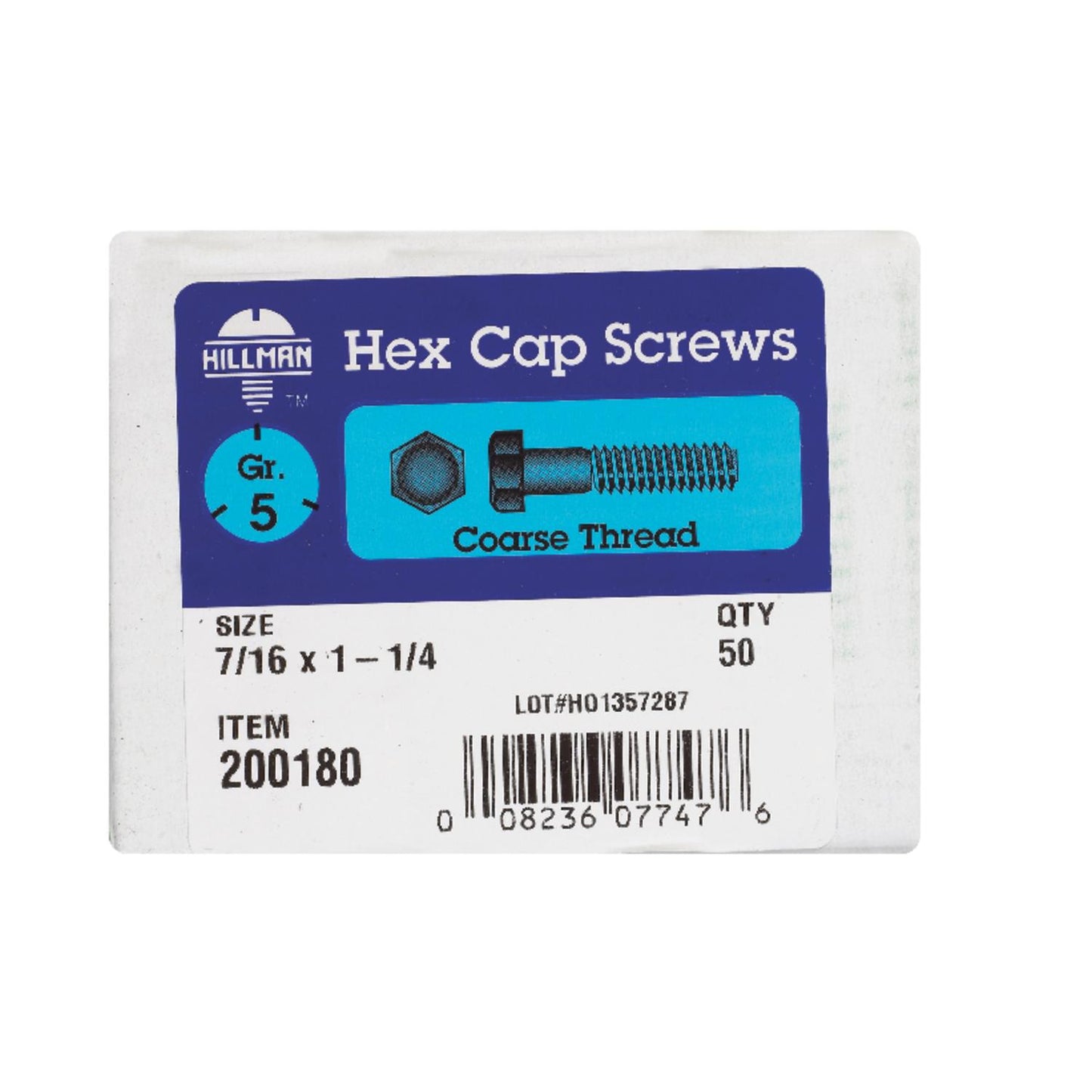 Hillman 7/16 in. Dia x 1-1/4 in. L Grade 5 Heat-Treated Zinc Steel Hex Head Cap Screws, Coarse Thread, 50-Pack