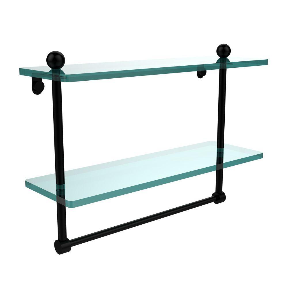 16 in. L  x 12 in. H  x 5 in. W 2-Tier Clear Glass Bathroom Shelf with Towel Bar in Satin Nickel - Super Arbor