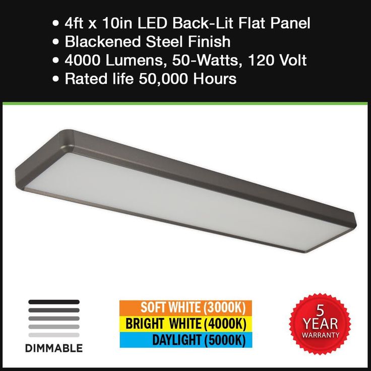 Commercial Electric 4 ft. x 10 in. Blackened Steel Back-Lit LED Panel Light 4000 Lumens 3000K 4000K 5000K Dimmable Kitchen Lighting