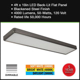 Commercial Electric 4 ft. x 10 in. Blackened Steel Back-Lit LED Panel Light 4000 Lumens 3000K 4000K 5000K Dimmable Kitchen Lighting