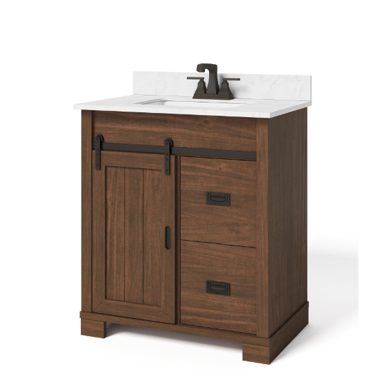 Brindley 30 in W x 20 in D x 35 in H Single Sink Freestanding Vanity in Dark Walnut w/ Veined White Engineered Stone Top