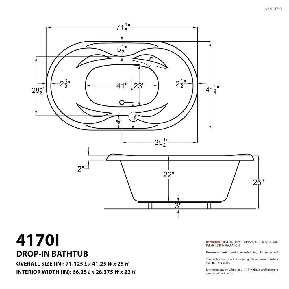 Ruby Diamond Series 5.9 ft. Center Drain Rectangular Drop-in Whirlpool and Air Bath Tub in White - Super Arbor