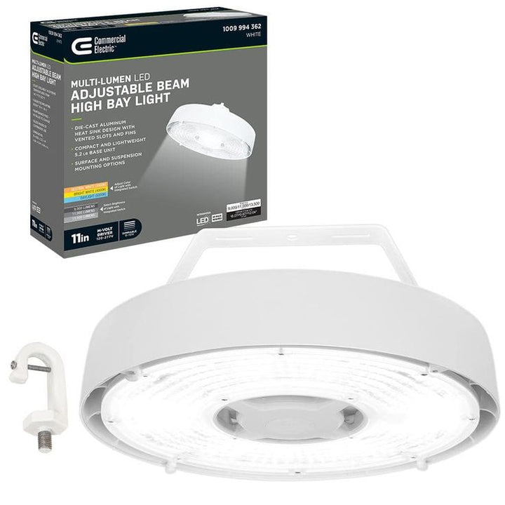 Commercial Electric 11 in.  Adjustable CCT Multiple Lumens 100-Watt Round Integrated LED High Bay Light 120-277V Mounting Options