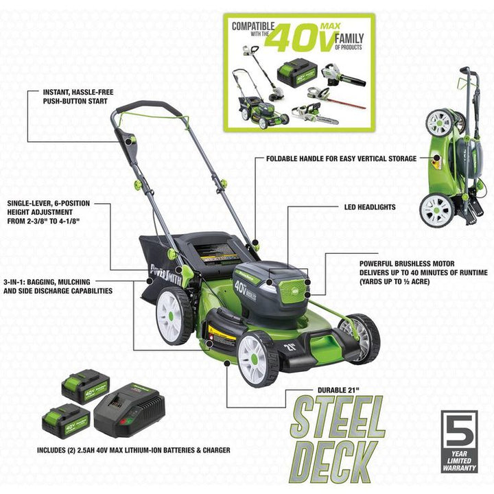 PowerSmith 12 in. 40-Volt Cordless Lithium-Ion Lawn Mower with LED Headlights, 2 Batteries and Charger