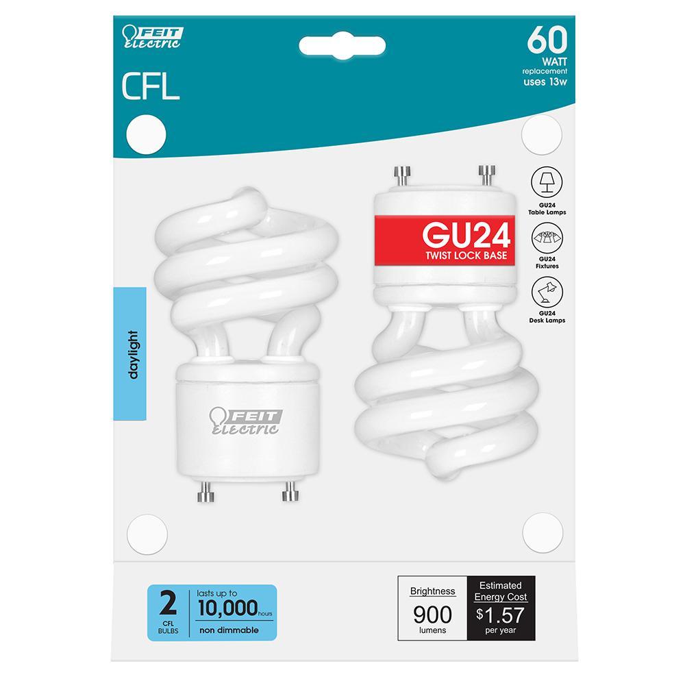 60-Watt Equivalent T3 Spiral Non-Dimmable GU24 Base Compact Fluorescent CFL Light Bulb, Daylight 5000K (2-Pack) - Super Arbor