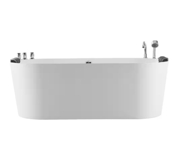 59 in. Center Drain Acrylic Freestanding Flatbottom Whirlpool Bathtub in White with Faucet - Water Jets
