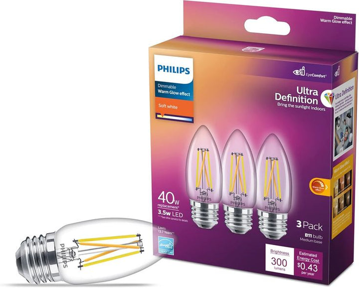Philips 40-Watt Equivalent Soft White BA11 Dimmable Warm Glow Dimming Effect LED Candle Light Bulb Bent Tip E26 (2700K) (3-Pack)