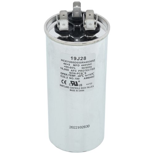 Lennox 19J28 capacitor - front view (Voltage: 440v; MFD: 40/5)