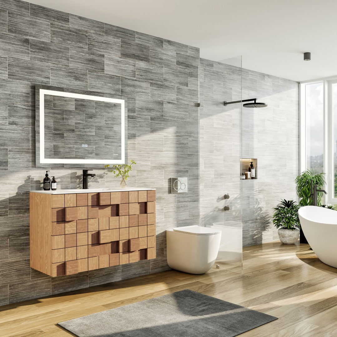 Eviva Mosaic 36"W x 20"D Natural Oak Wall Mount Bathroom Vanity with White Solid Surface Countertop and Integrated Sink