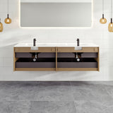 Eviva Lotus 59"W x 19"D Natural Oak Wall Mount Double Sink Bathroom Vanity with White Solid Surface Countertop and Integrated Sinks