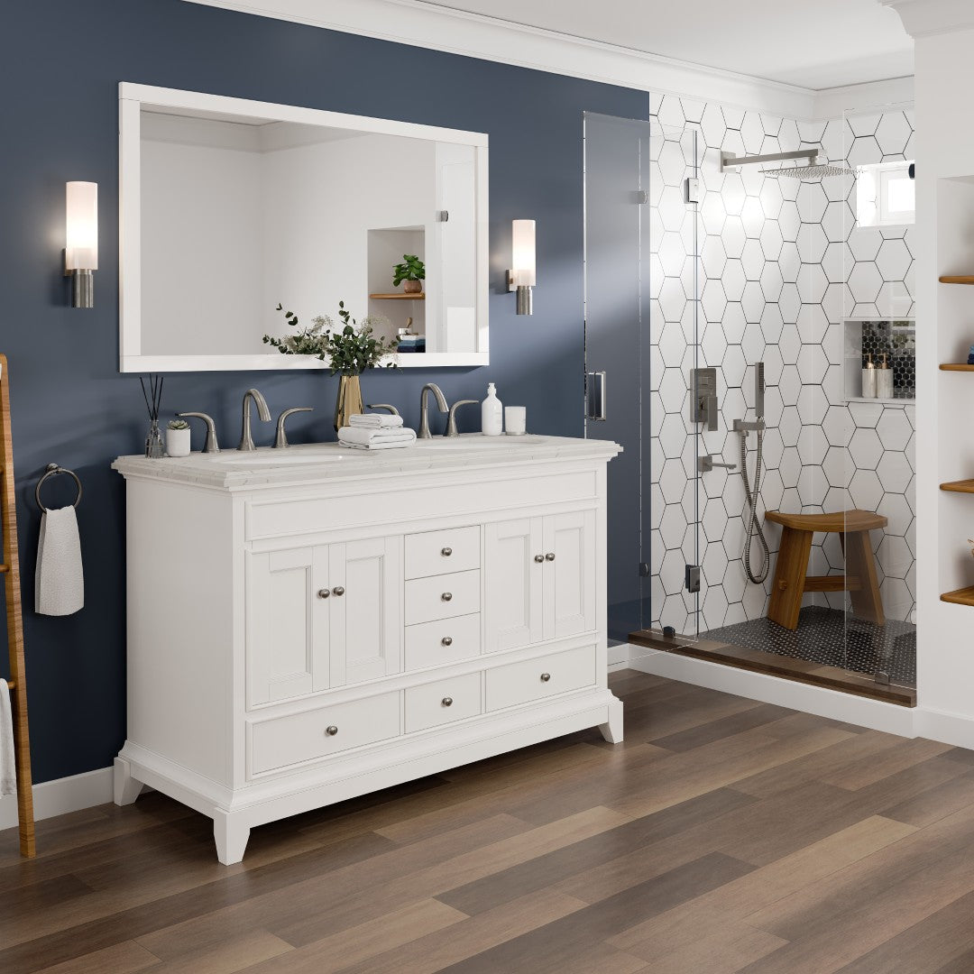 Eviva Elite Stamford 48 in. W x 24 in. D x 34 in. H Double Bath Vanity in White with White Carrara Top and Undermount White Sinks