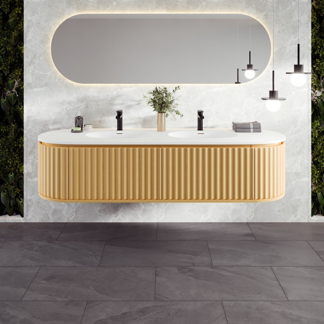 Eviva Haven 71"W x 22"D Natural Oak Wall Mount Double Sink Bathroom Vanity with White Solid Surface Countertop and Integrated Sinks