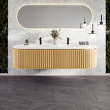 Eviva Haven 71"W x 22"D Natural Oak Wall Mount Double Sink Bathroom Vanity with White Solid Surface Countertop and Integrated Sinks