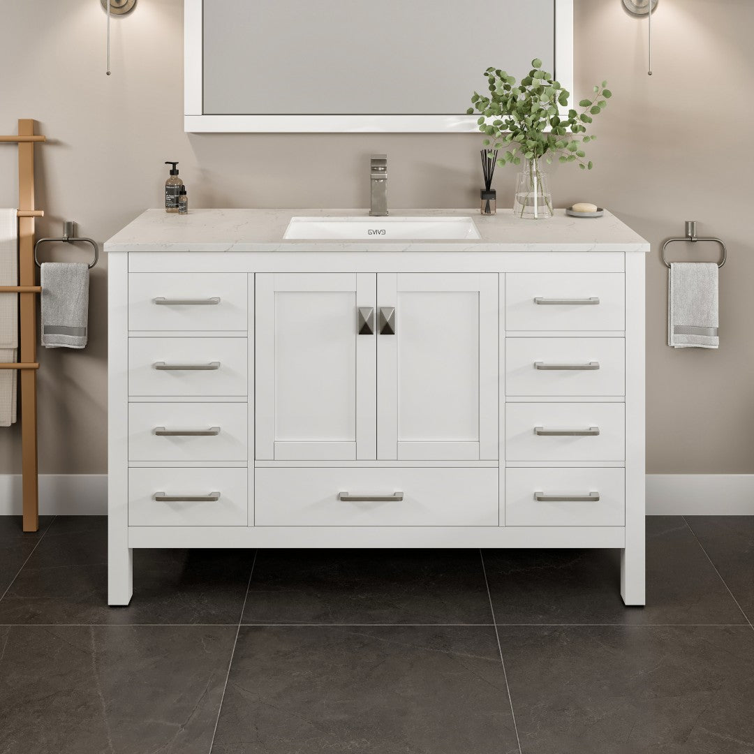 Eviva London 54"W x 18"D White Bathroom Vanity with White Carrara Quartz Countertop and Undermount Porcelain Sink
