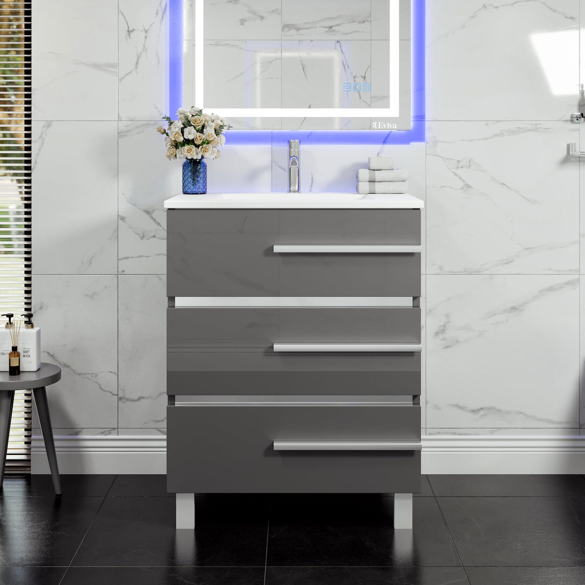 Eviva Deluxe 32 in. W x 18 in. D x 34 in. H Single Freestanding Bath Vanity in Gray with White Porcelain Integrated Sink Top