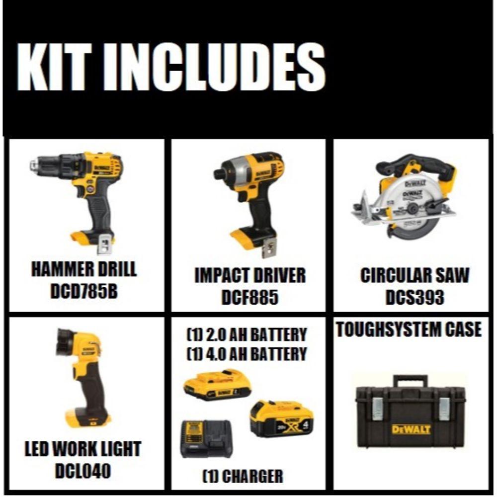 20-Volt MAX Lithium-Ion Cordless Combo Kit (4-Tool), 2Ah Battery, 4Ah Battery, Charger, with Tough System Case - Super Arbor