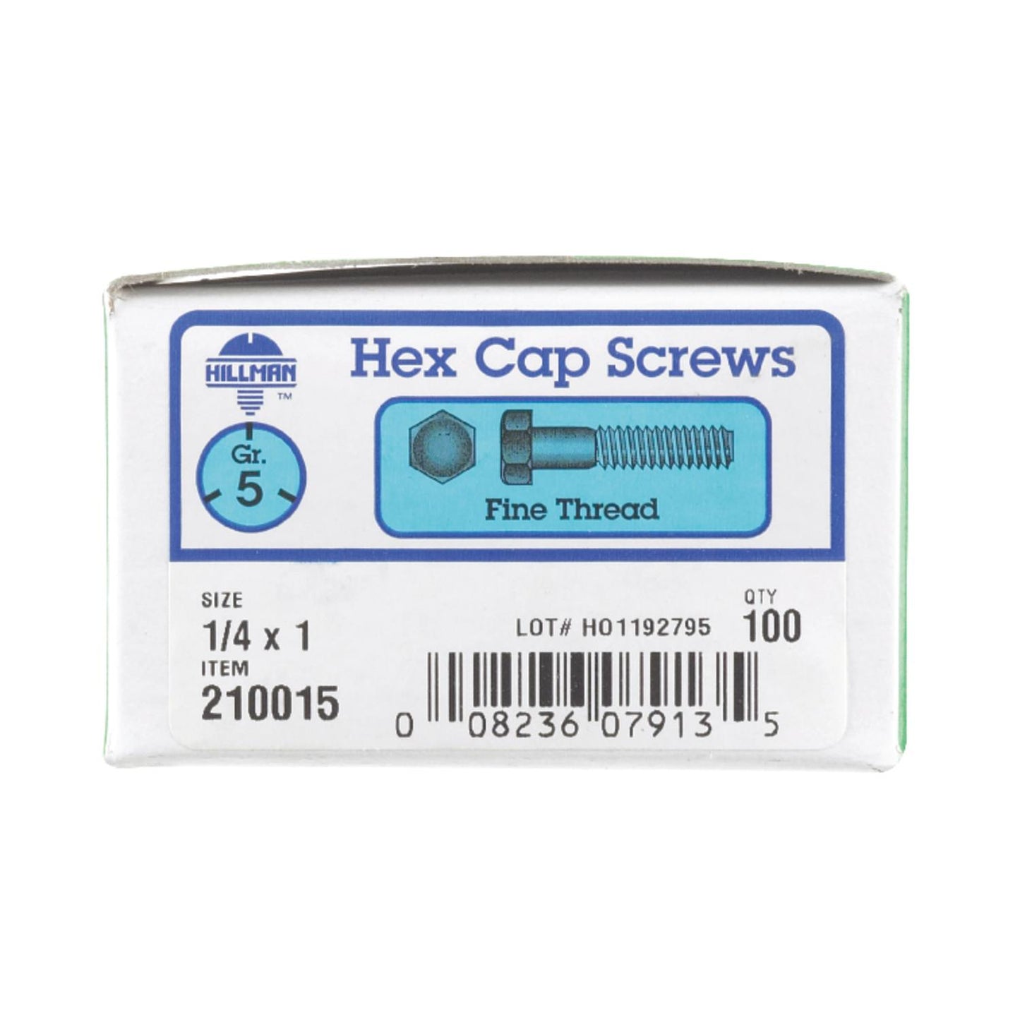 Hillman 1/4 in. Diameter x 1 in. Length Heat-Treated Zinc Steel Hex Head Cap Screw, Fine Thread, 100-Pack