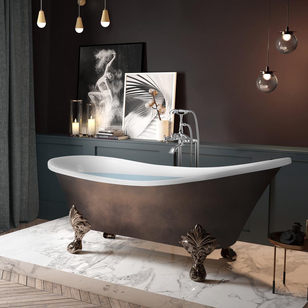 69 in. Acrylic Double Slipper Clawfoot Non-Whirlpool Bathtub in Matte Antique Brass - Super Arbor