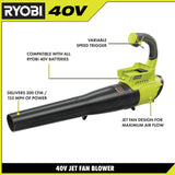 RYOBI 155 MPH 300 CFM 40-Volt Lithium-Ion Cordless Battery Jet Fan Leaf Blower (Tool Only)