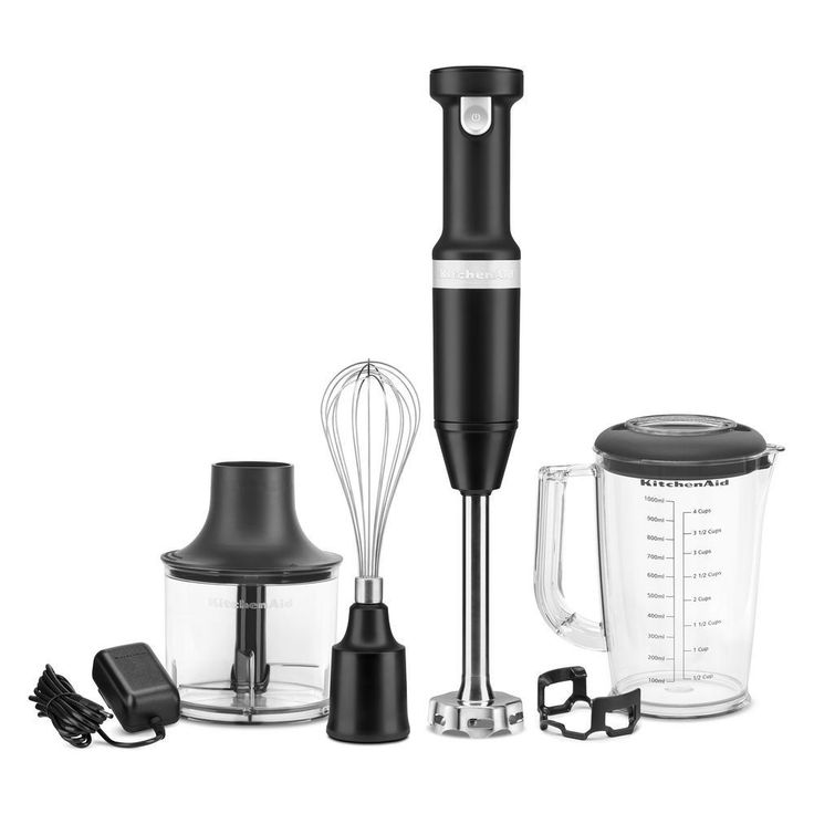Cordless Variable Speed Black Matte Hand Blender with Chopper and Whisk Attachment