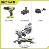 15 Amp 10 in. Sliding Compound Miter Saw and 18-Volt Cordless ONE+ 1/2 in. Drill/Driver Kit w/(1)1.5 Ah Battery, Charger - Super Arbor