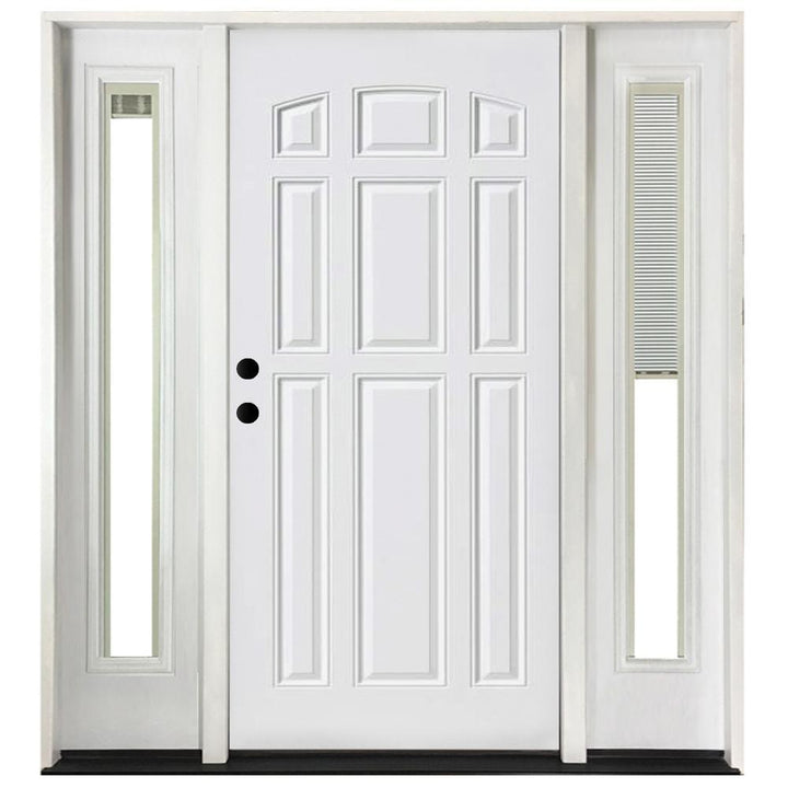 68 in. x 80 in. 9 Panel Primed White Right-Hand Steel Prehung Front Door with 14 in. Mini Blind Sidelites 6 in. Wall - Super Arbor