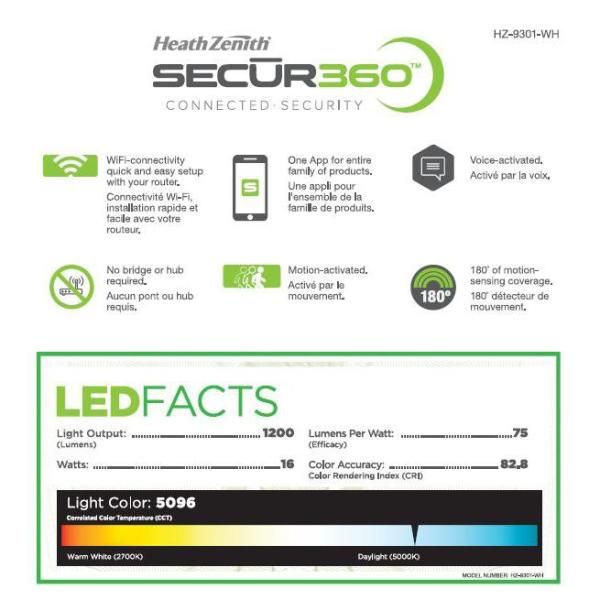 SECUR360 Wi-Fi Connected White Wired Single Head Voice Activated Motion Activated Outdoor LED Security Flood Light 1200 Lumens