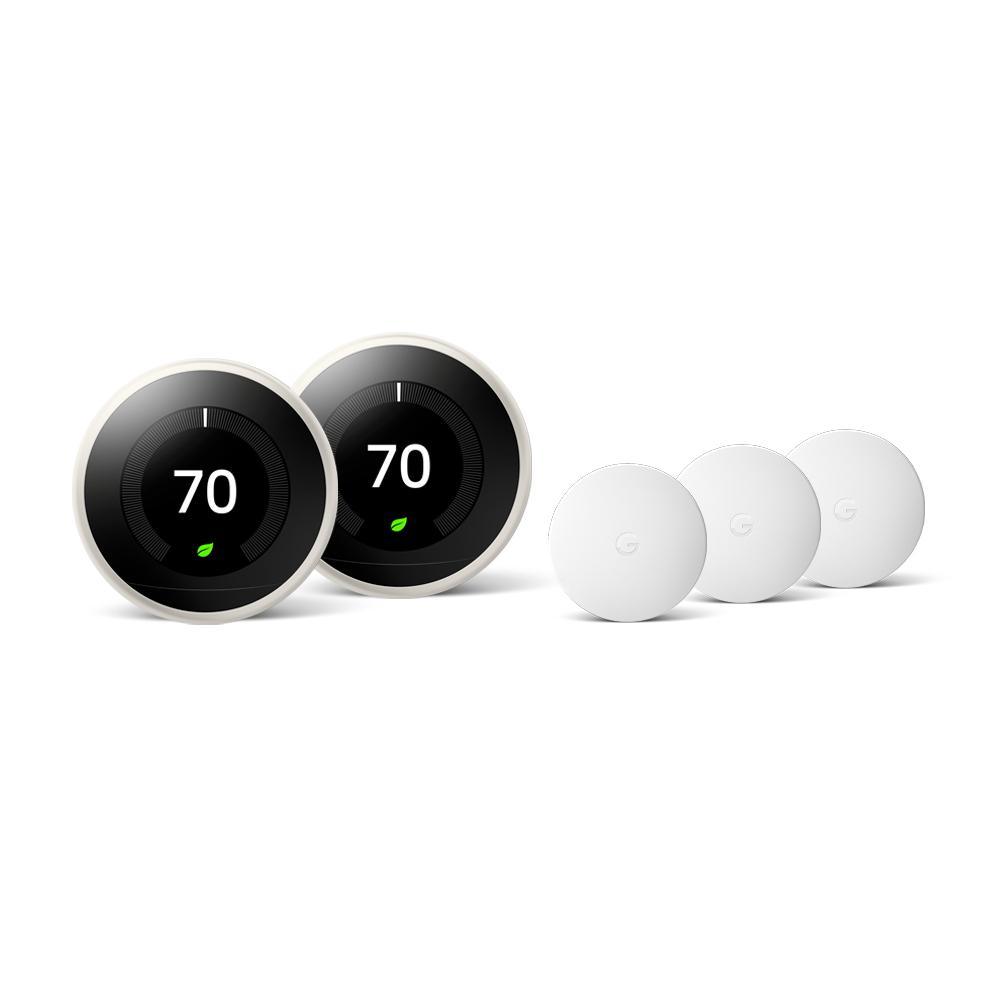 Nest Learning Thermostat 3rd Gen in Stainless Steel (2-Pack) and Google Nest Temperature Sensor (3-Pack) - Super Arbor
